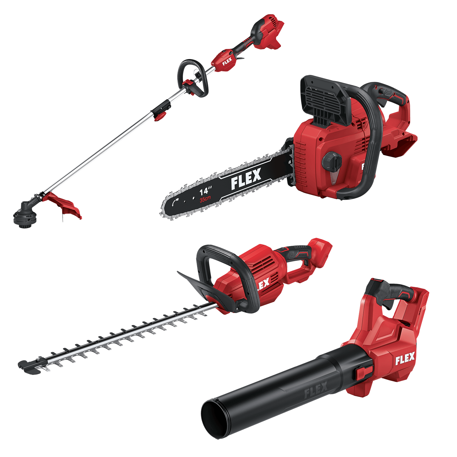 Vignette: outils de jardinage FLEX GHT 55-18 EC, GCS 35 2x18-EC, GLT 35 18-EC et GBL 790 18-EC 