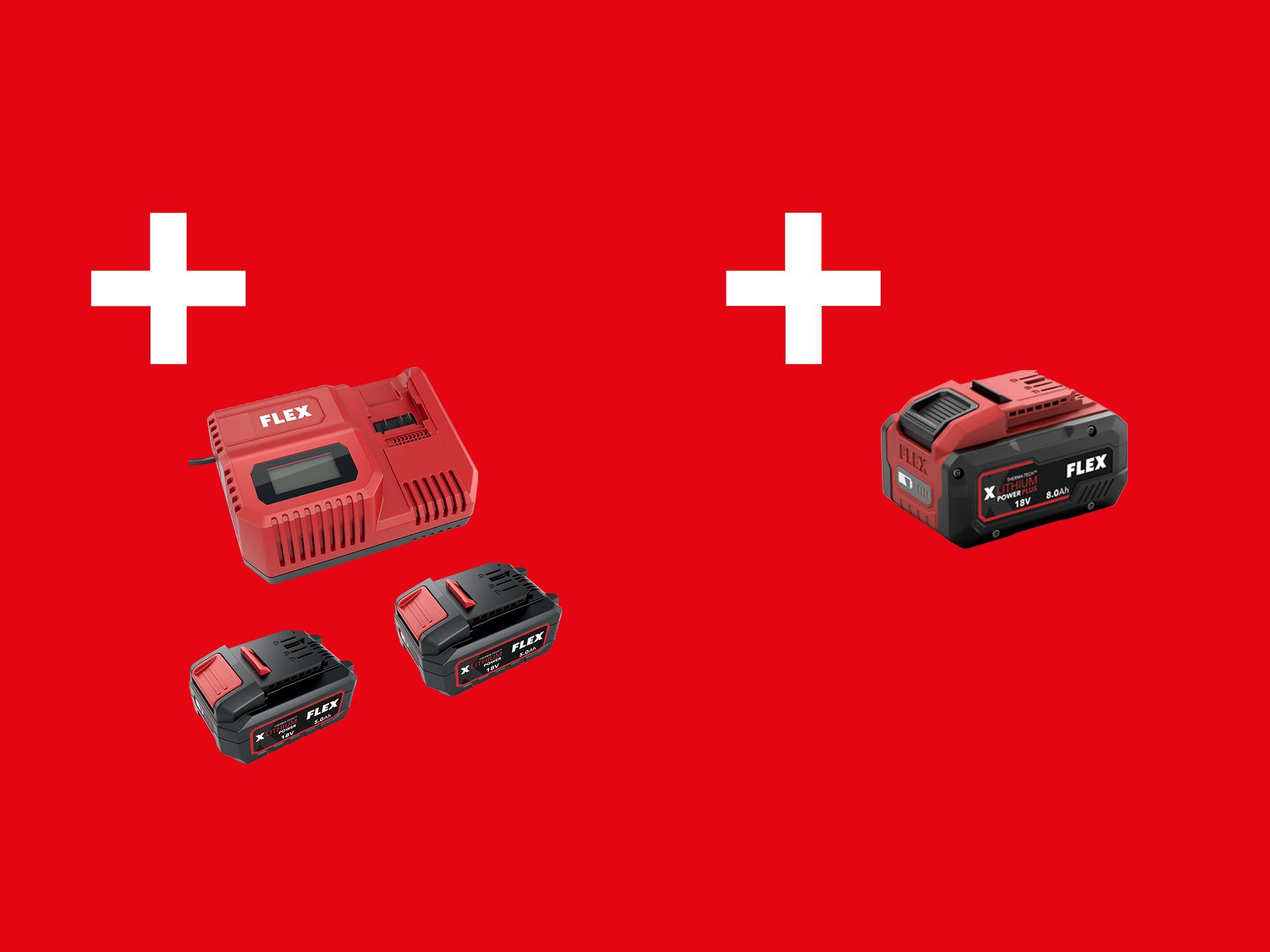 Set promozionale FLEXPACK18 XL con due batterie FLEX da 18 V / 5,0 Ah, una batteria da 18 V / 8,0 Ah, un caricabatterie rapido CA 12/18 e mostrato su sfondo rosso.