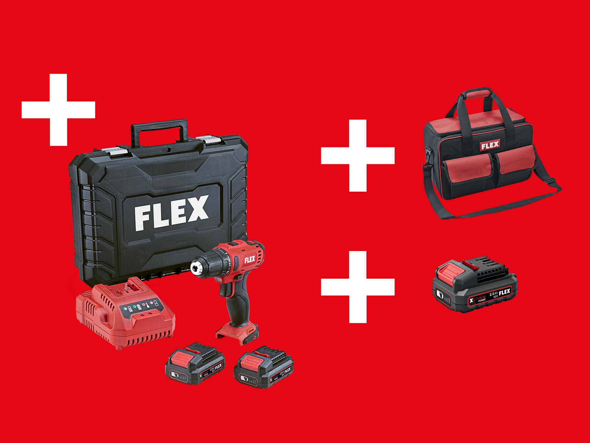 Flex tool set including a drill, batteries, charger, carrying case, and bag on a red background with plus signs.