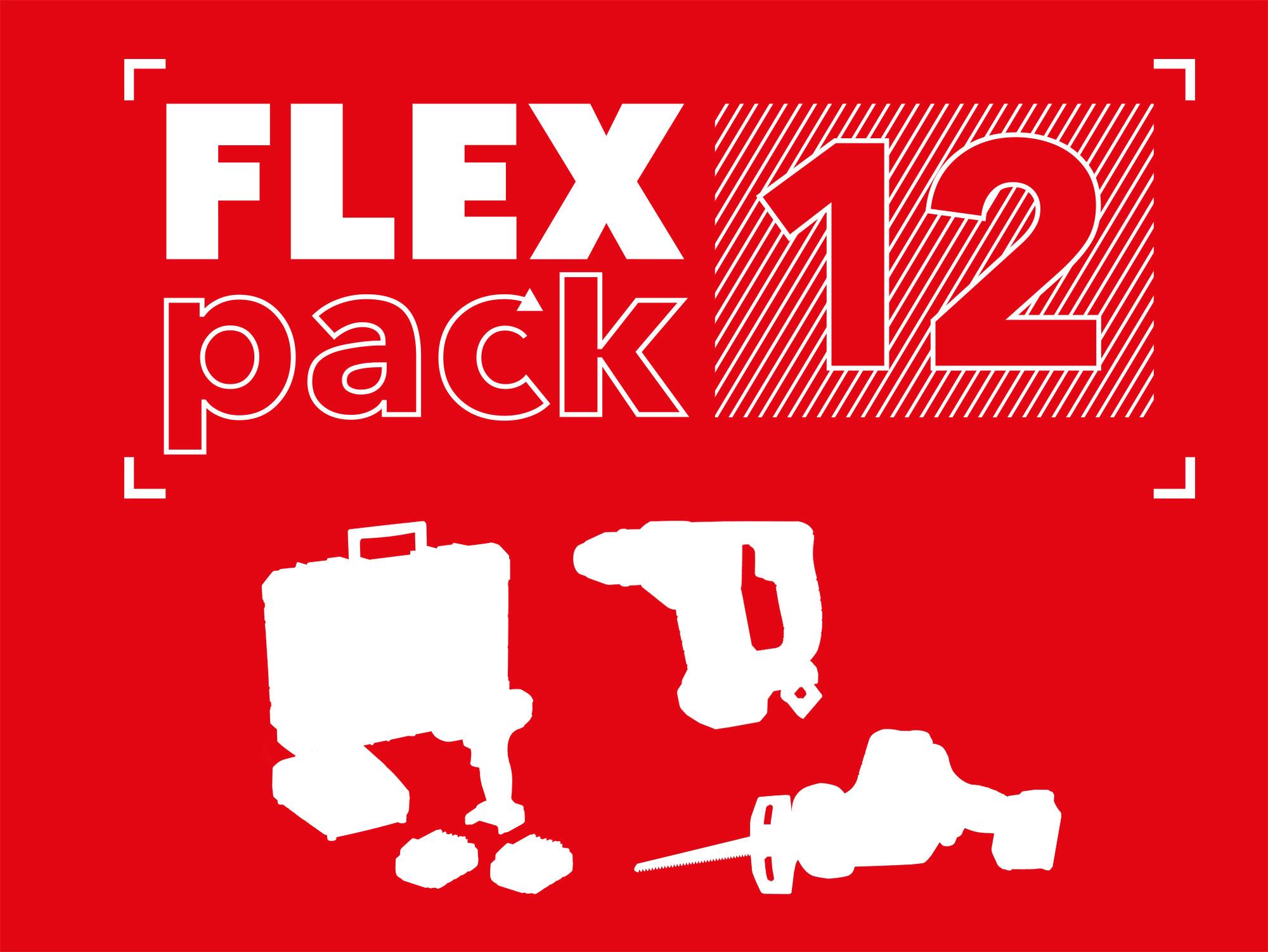 Logo FLEXpack12 con sagome di una valigetta portautensili, un trapano a percussione, accessori e una sega a gattuccio su sfondo rosso.