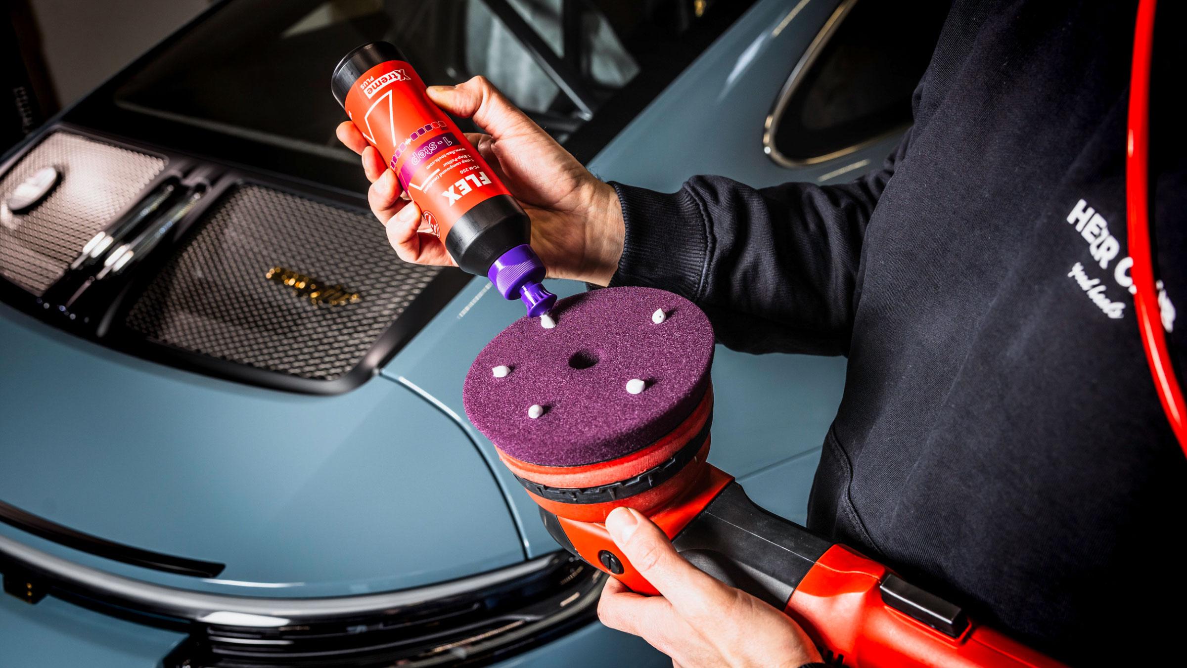 Porsche vehicle polishing with FLEX 1-Step polish and pad in detailing hall