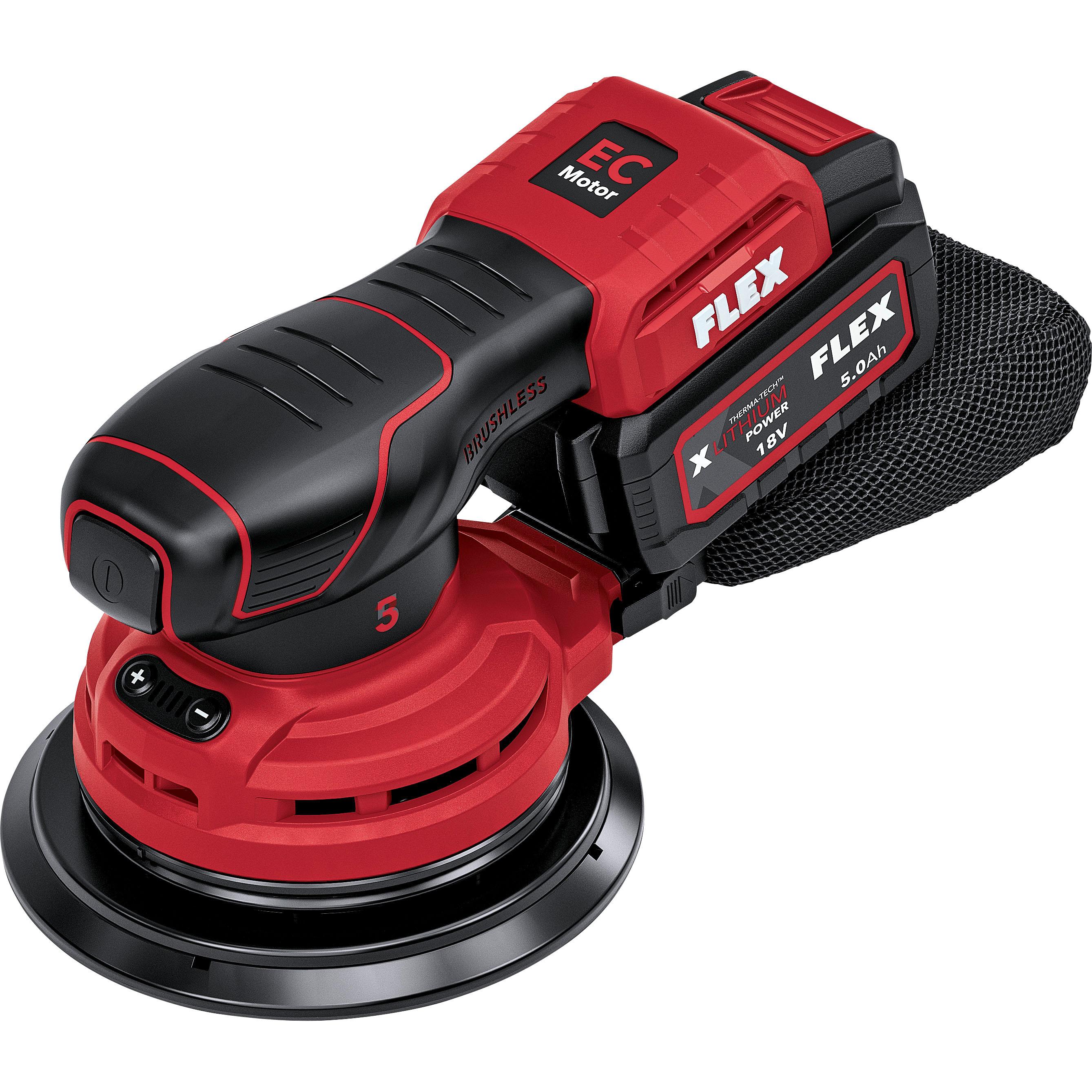 FLEX cordless eccentric sander ORE 5-150 18-EC with mounted AP 5.0 cordless battery pack and dust collection bag