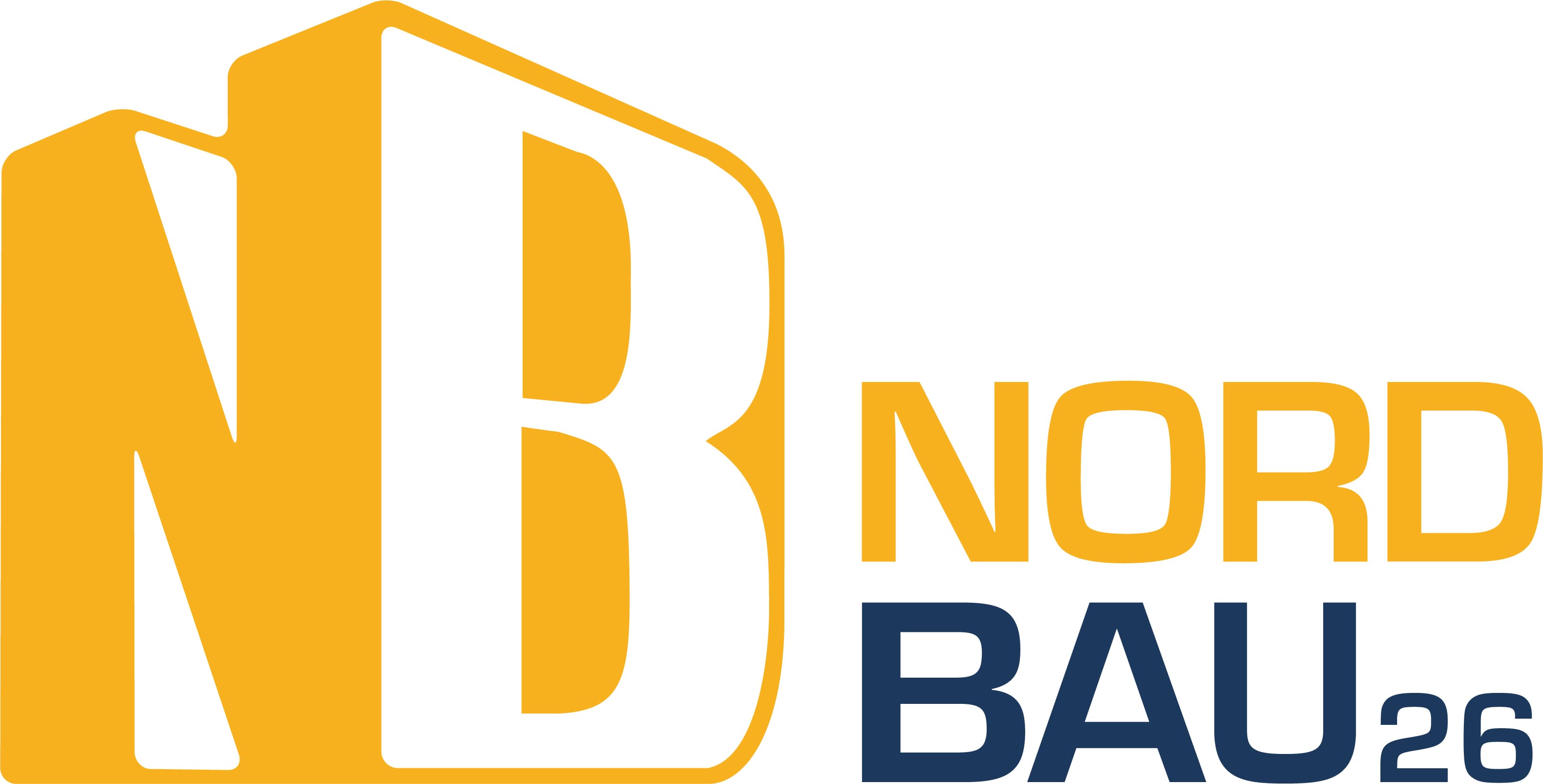 Logo der Fachmesse NordBau 2026 mit stilisierten gelben Initialen „NB“ sowie dem Schriftzug „NordBau26“ in Gelb und Dunkelblau auf hellem Hintergrund.