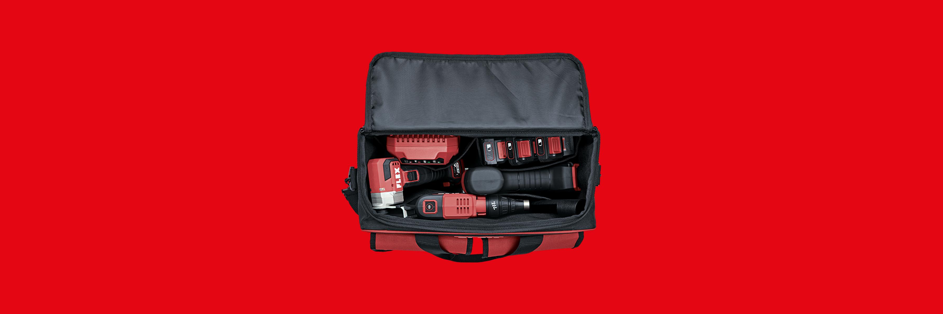 FLEXPACK12 Aktion: 3 FLEX 12 V Akku-Maschinen mit Ladegerät und Akkus in Tasche