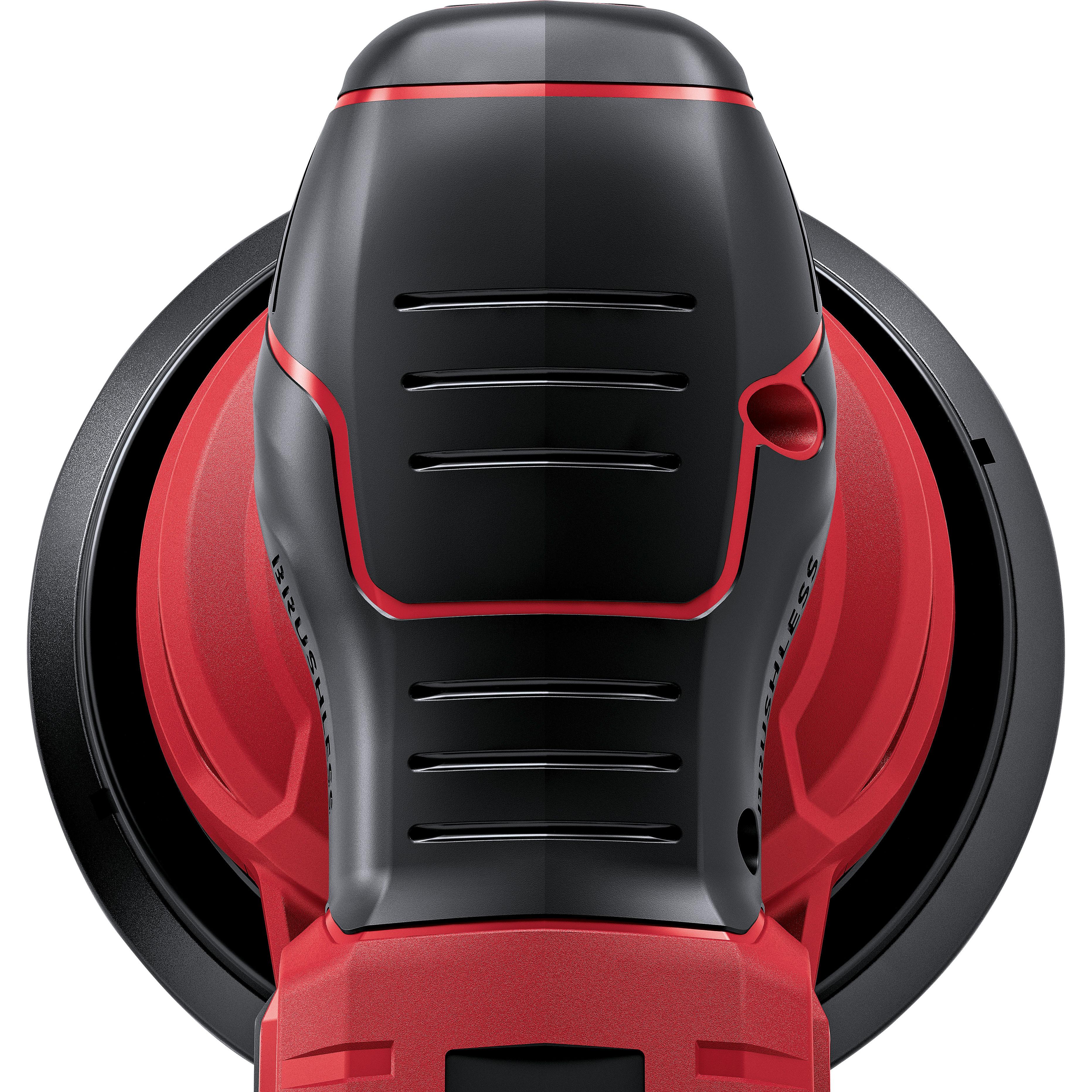 Top view of the ergonomic handle of the FLEX cordless random orbital sander ORE 150-18 EC, black grip zone in red housing
