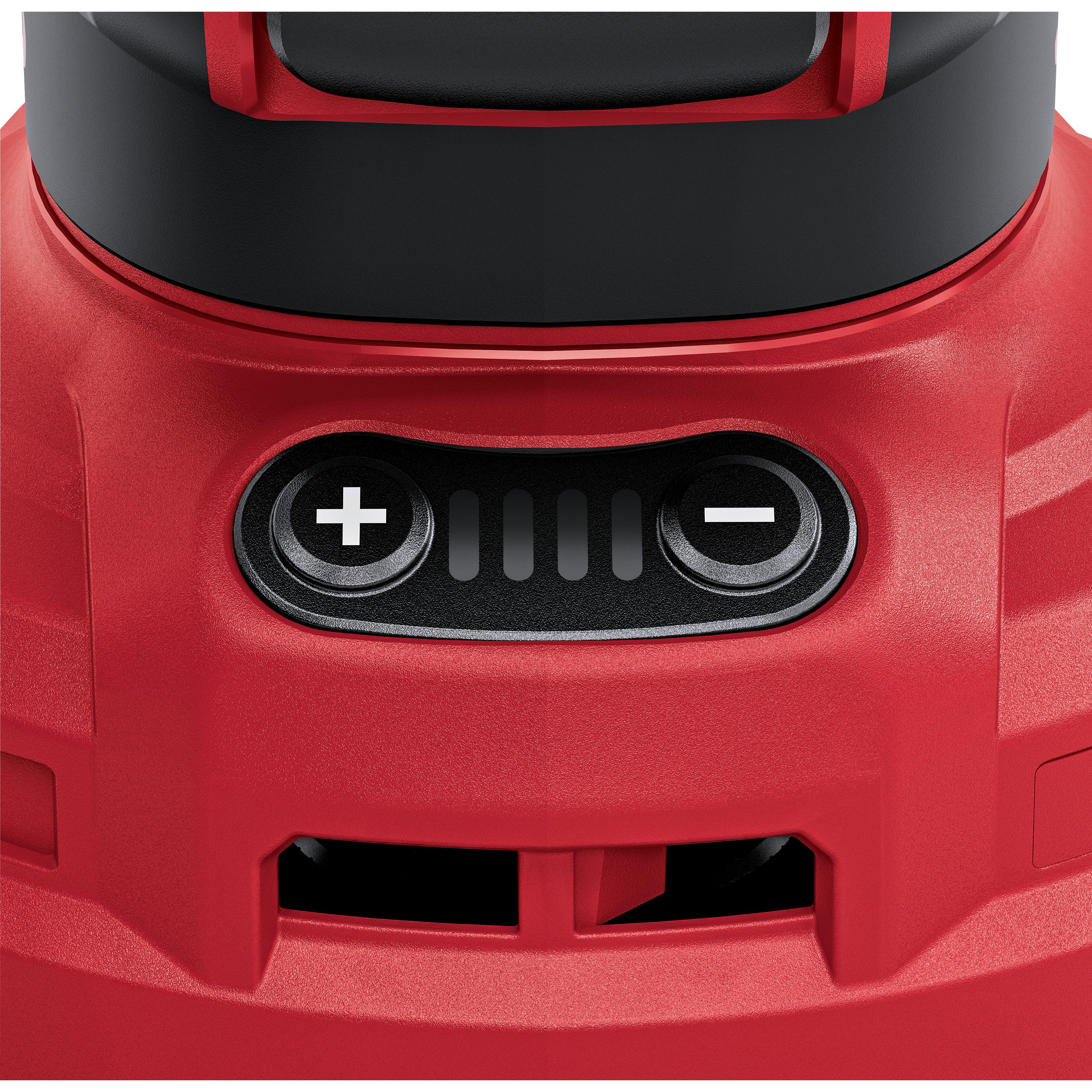 Close-up of the speed control on the FLEX cordless eccentric sander ORE 150-18 EC, black control element in red housing