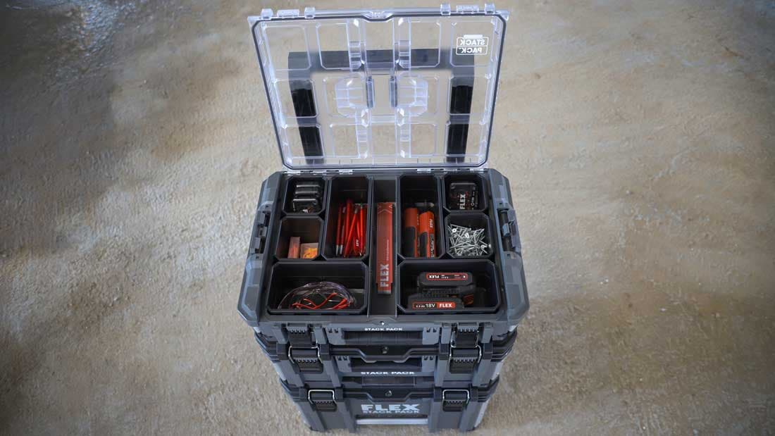 Top view of the FLEX STACK PACK™ organiser box filled with small tools and accessories.