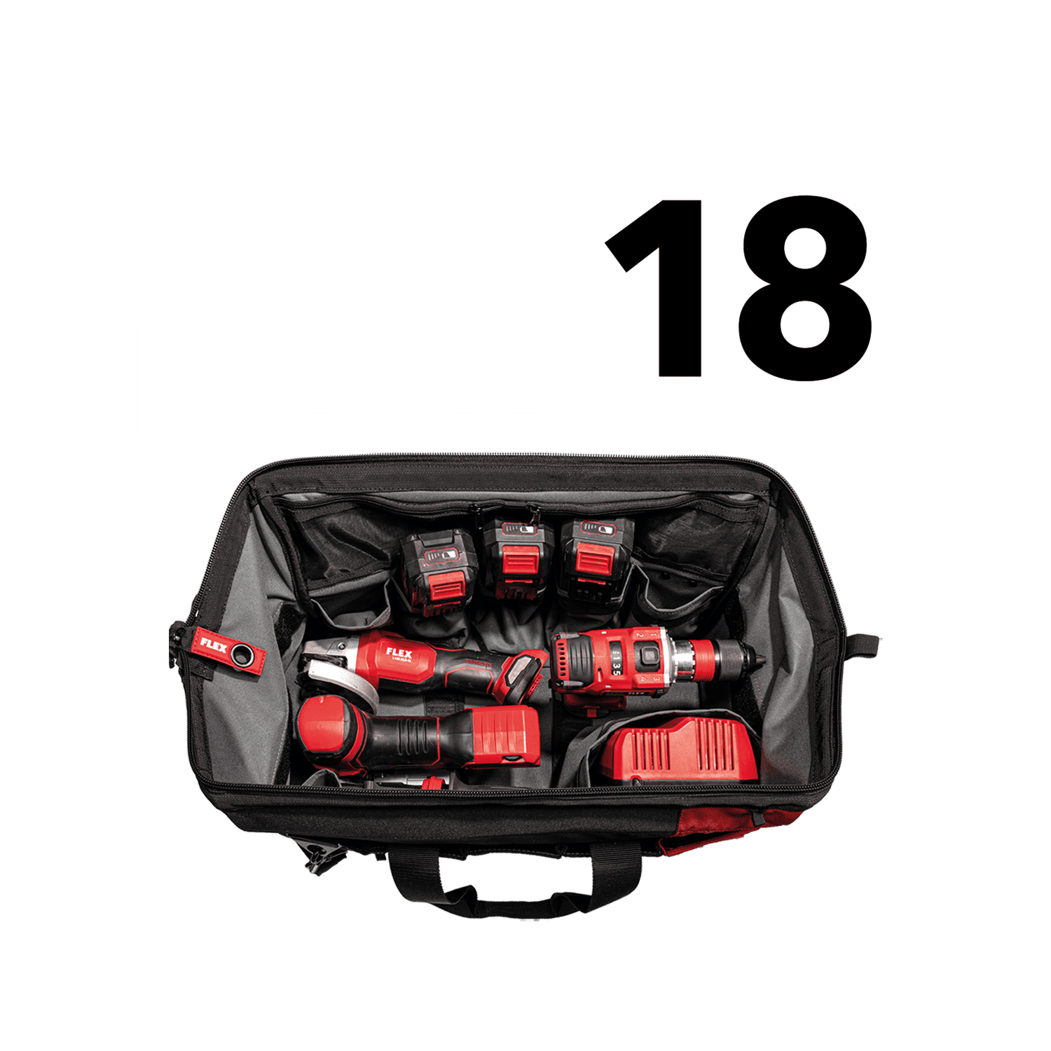 FLEXPACK bag with various FLEX cordless power tools and charger