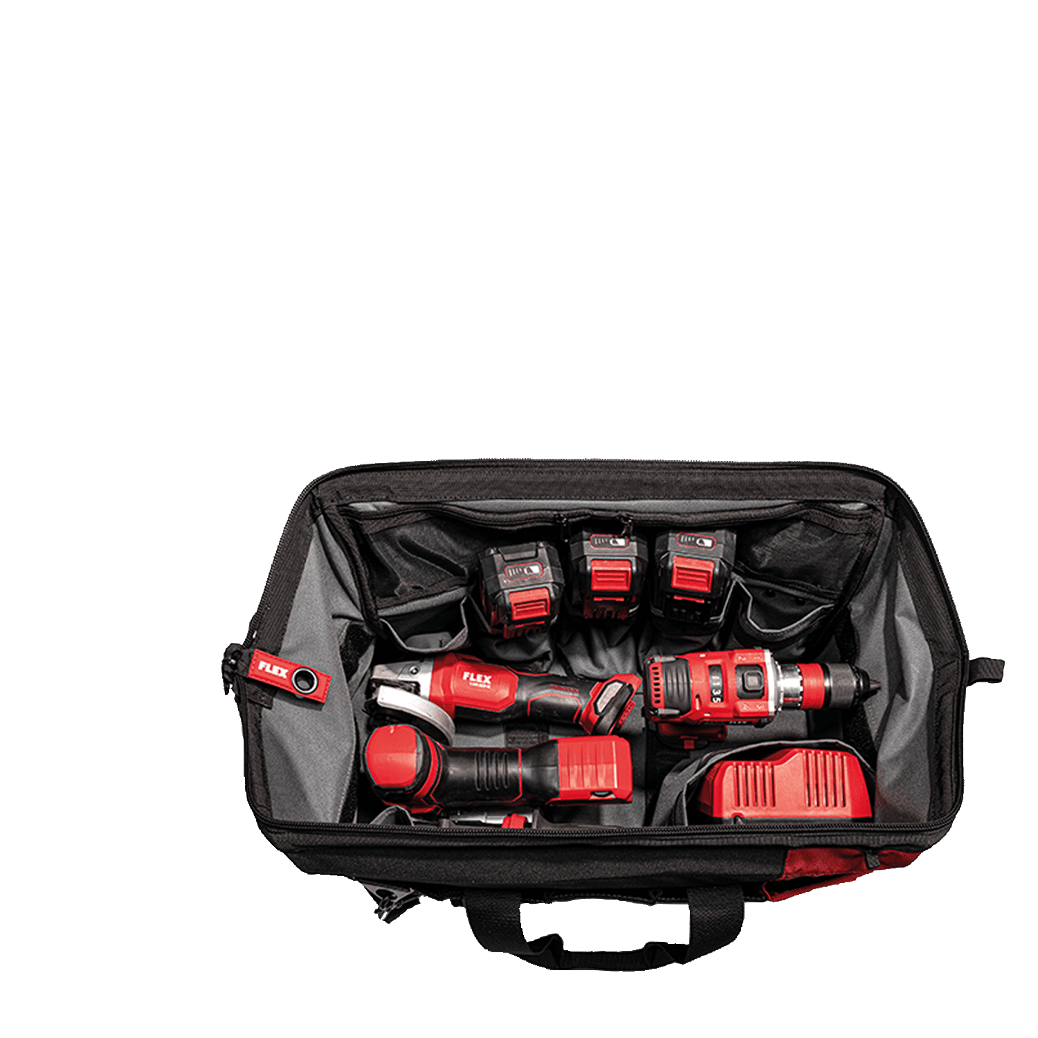 Brašna FLEXPACK s různým akumulátorovým nářadím FLEX a nabíječkou