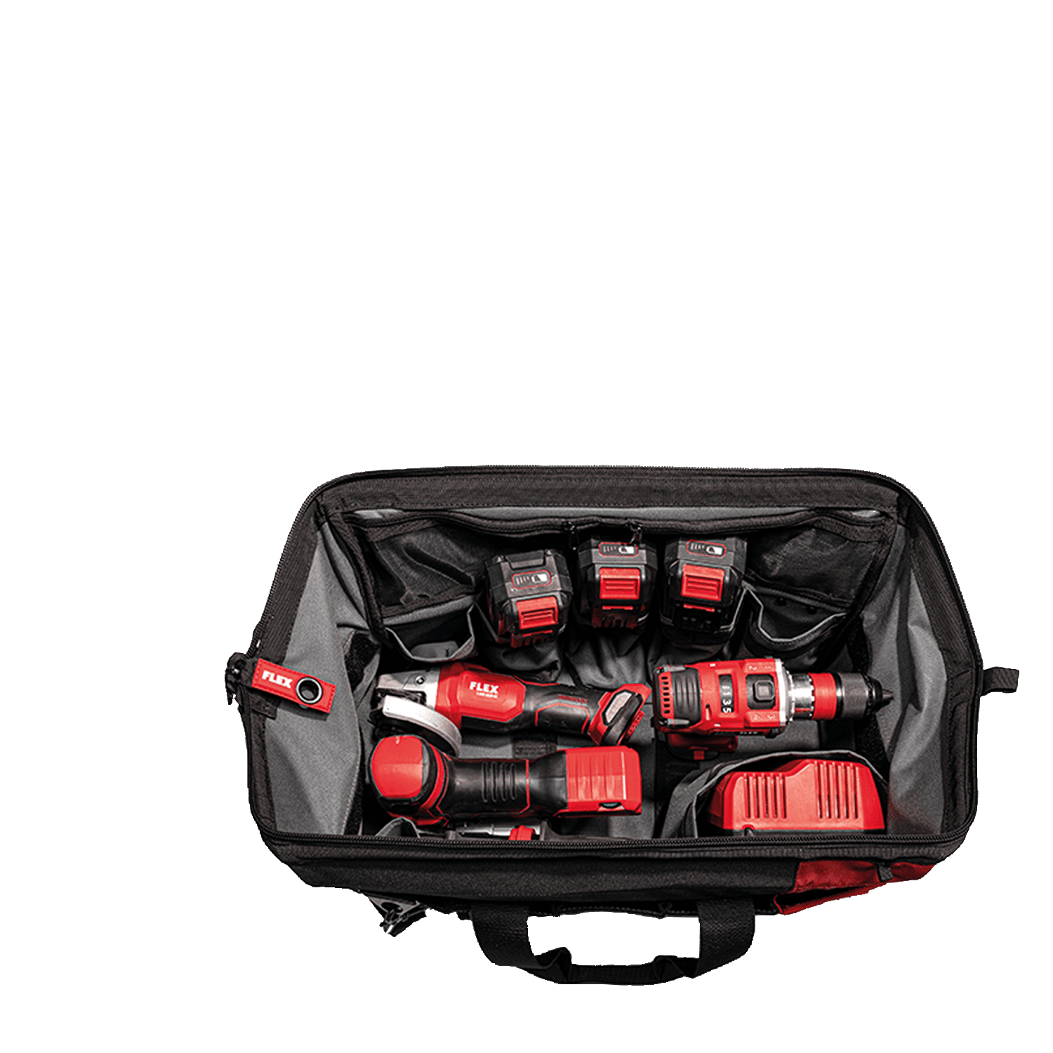 Otevřená brašna na nářadí s elektrickým nářadím FLEX a logem FLEXPACK