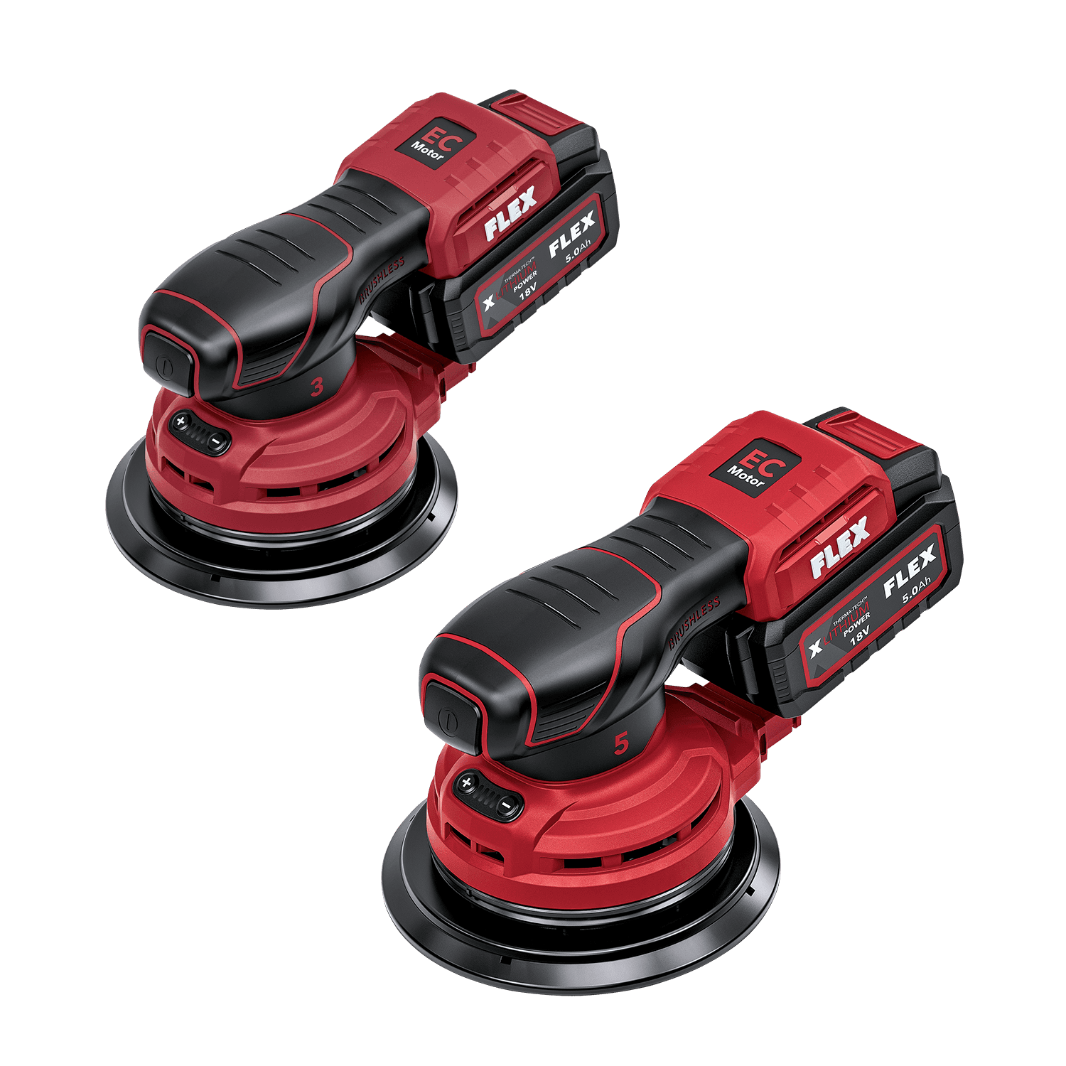 Zwei Akku-Exzenterschleifer von FLEX, Modelle ORE 3-150 18-EC und ORE 5-150 18-EC, in Rot-Schwarz mit montiertem Akku-Pack, nebeneinander auf transparentem Hintergrund