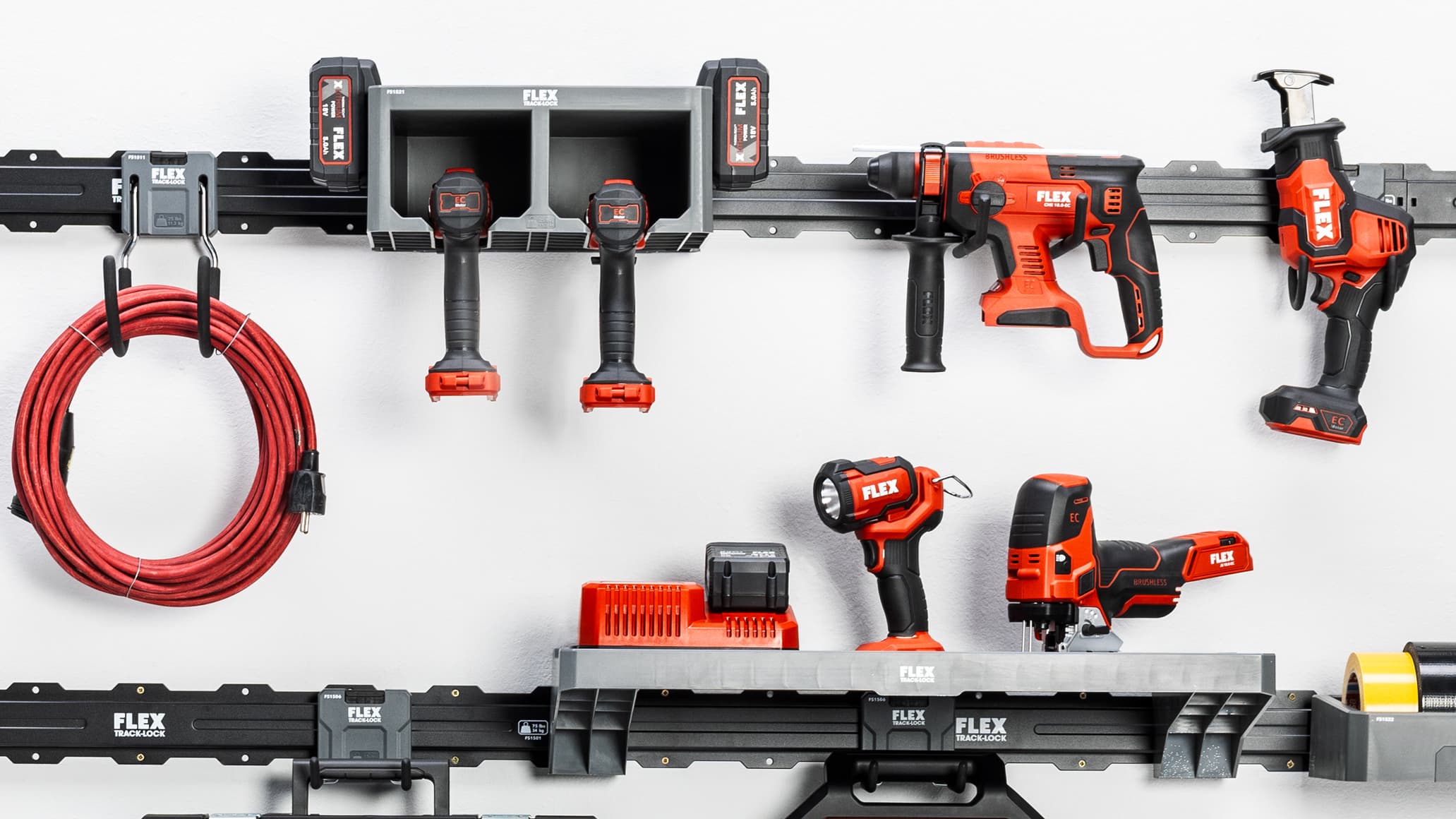 FLEX power tools organised using the TRACK LOCK system