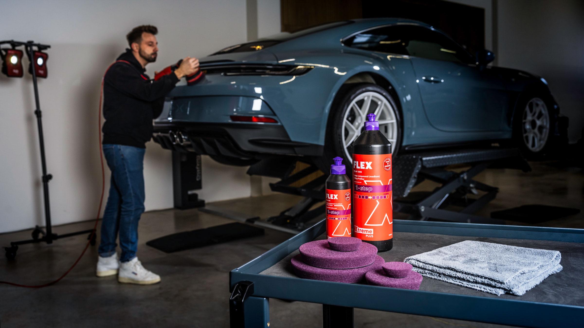 Porsche vehicle polishing with FLEX 1-Step polish and pad in detailing hall