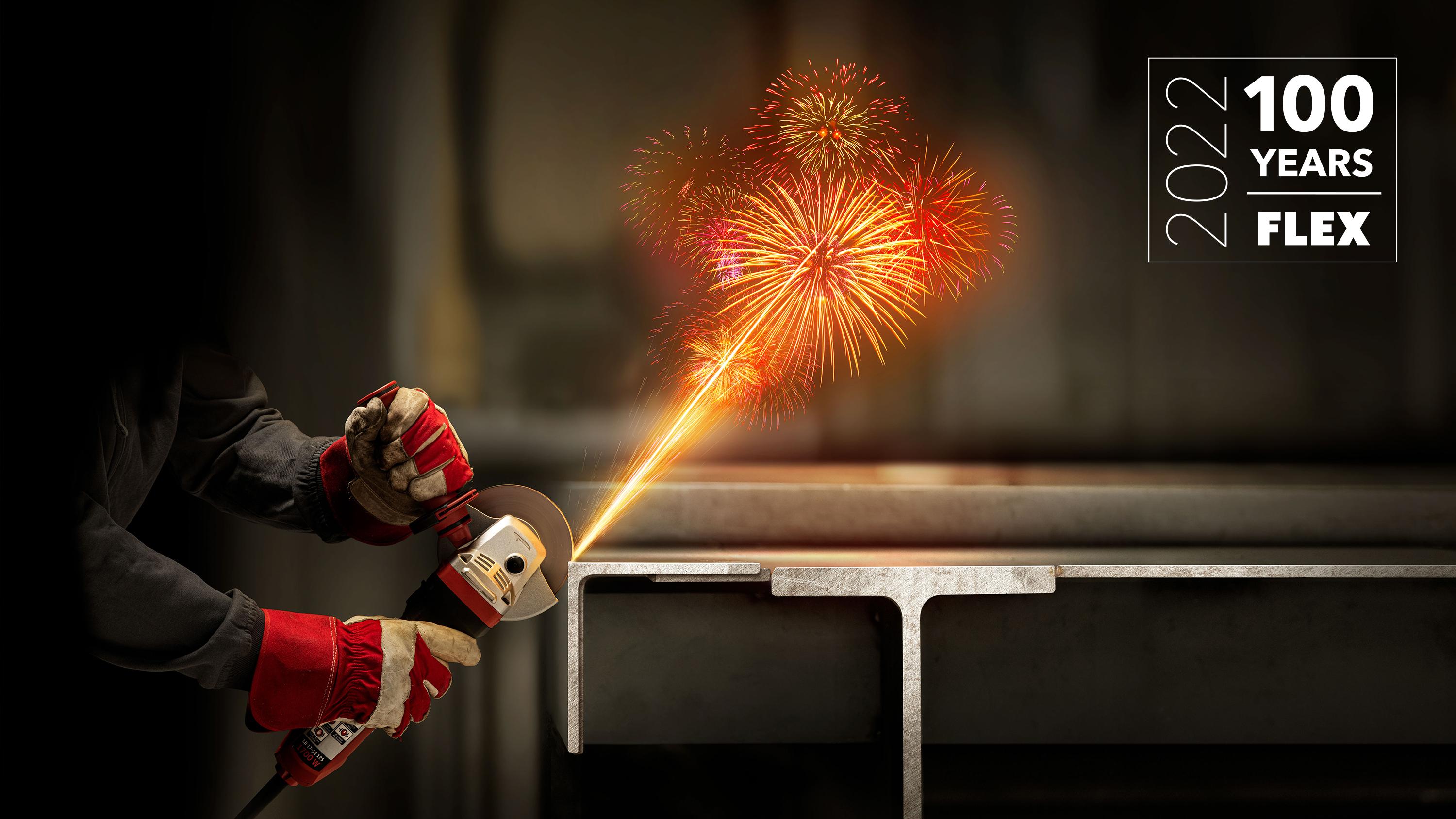 100 years of FLEX Cutting metal with an angle grinder, sparks flying