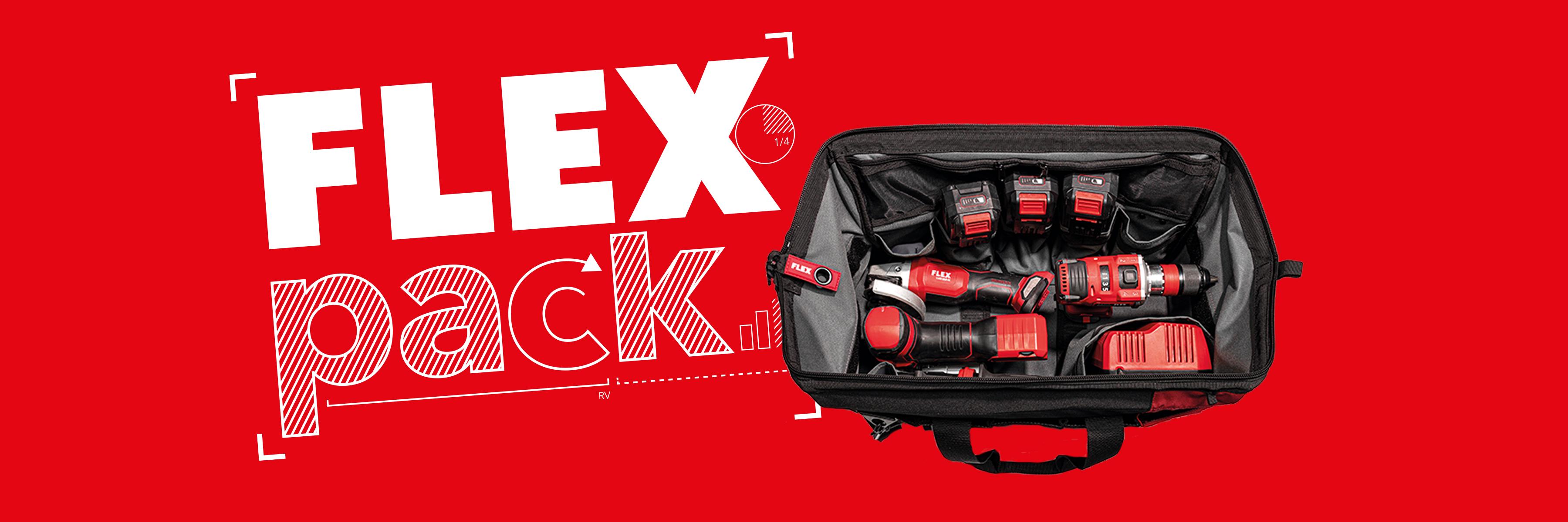 FLEXPACK promotion: 3 FLEX cordless machines with charger and batteries in bag